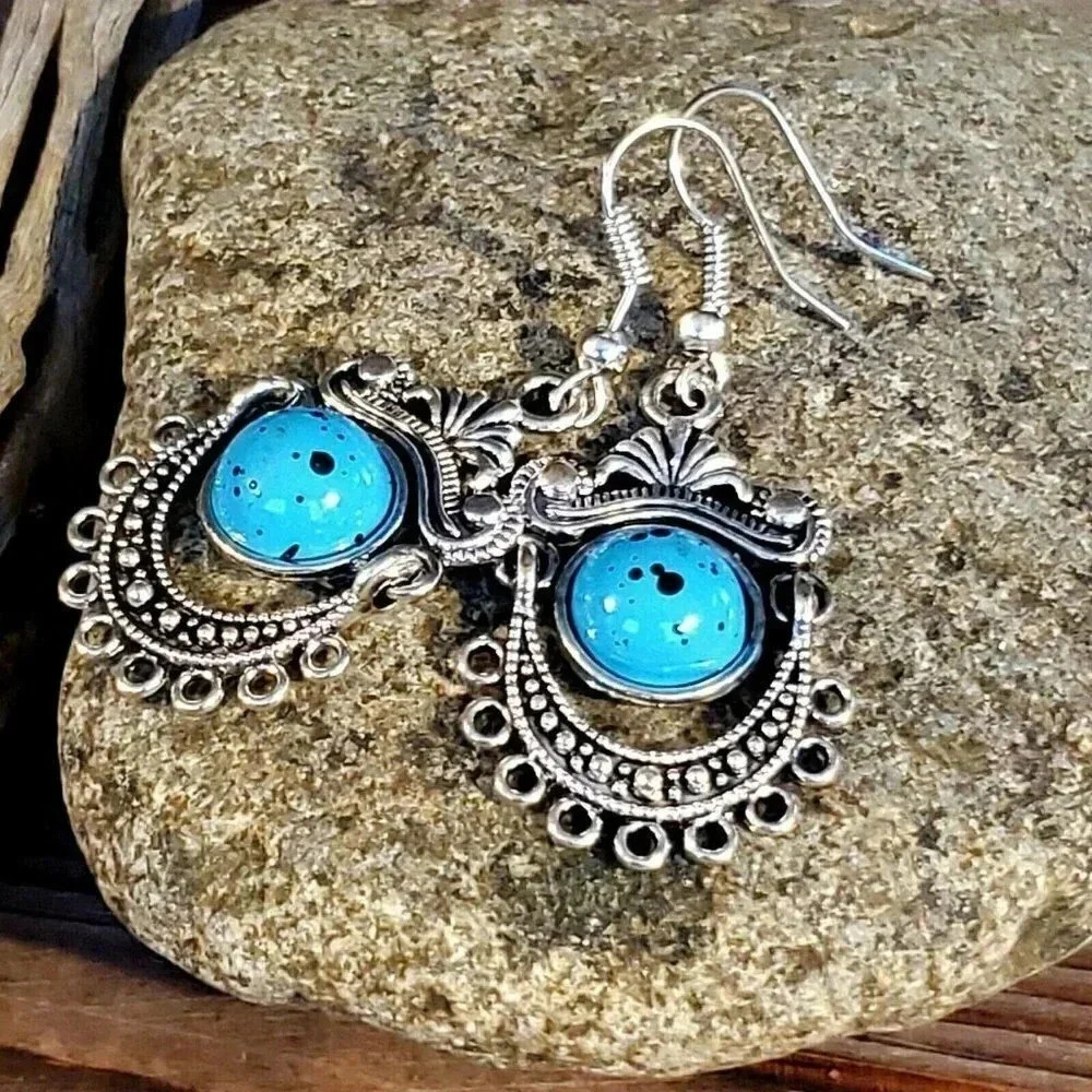 Antique Silver Art Nouveau Faux Turquoise Stone Dangle Earrings